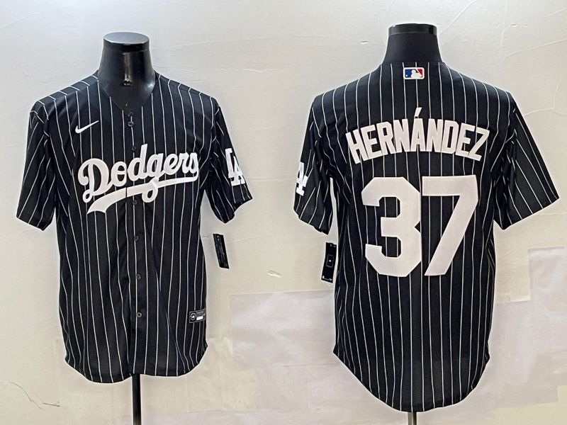 Men Los Angeles Dodgers 37 Hernandez Black Stripe Jointly Name 2025 Nike MLB Jersey style 1